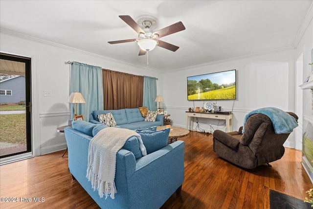 living room with ceiling fan, crown molding, and hardwood / wood-style flooring