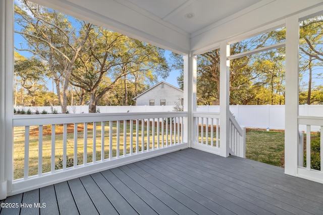 wooden terrace with a fenced backyard and a lawn