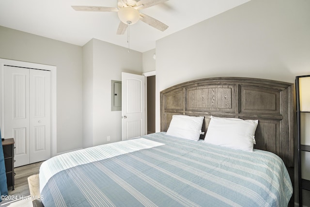 bedroom featuring ceiling fan, light hardwood / wood-style flooring, electric panel, and a closet