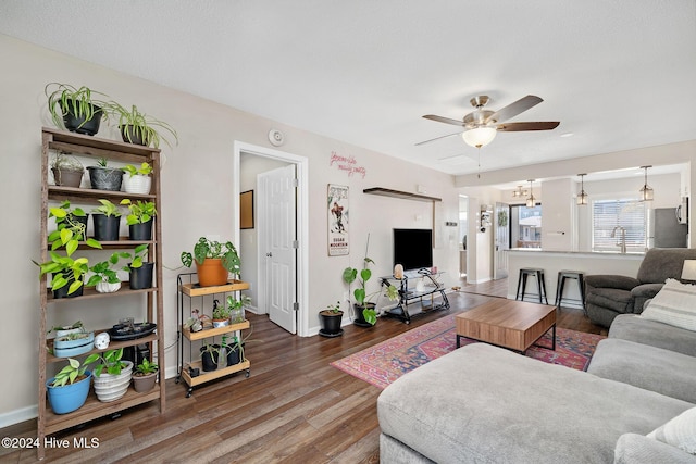 living room with hardwood / wood-style floors and ceiling fan