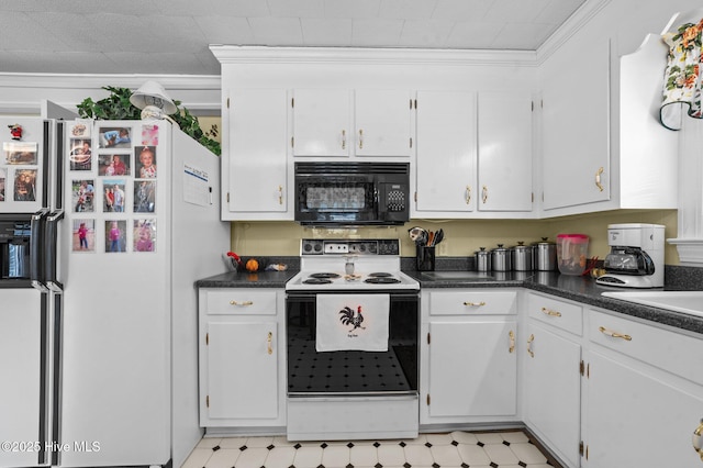 kitchen with crown molding, white cabinets, and white appliances