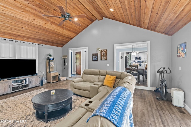 living room with wood ceiling, ceiling fan with notable chandelier, wood-type flooring, high vaulted ceiling, and beamed ceiling