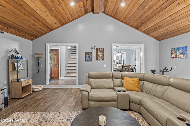 living room featuring hardwood / wood-style floors, wooden ceiling, high vaulted ceiling, ceiling fan, and beam ceiling