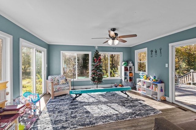 recreation room featuring hardwood / wood-style flooring, ceiling fan, and ornamental molding