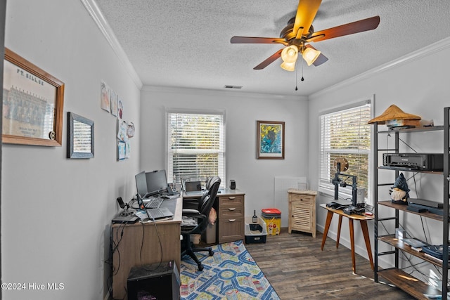 home office with dark hardwood / wood-style floors, ornamental molding, a textured ceiling, and a wealth of natural light