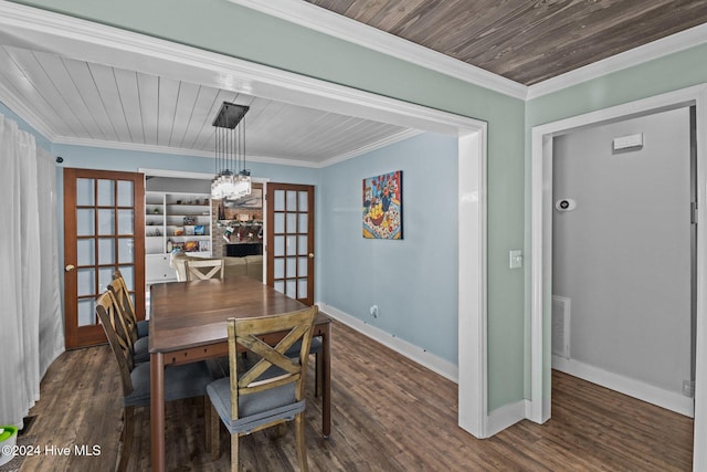 dining area with french doors, ornamental molding, wood ceiling, a chandelier, and dark hardwood / wood-style floors