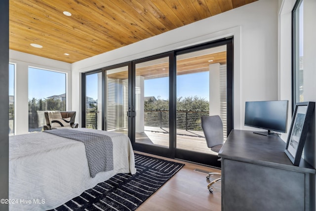 bedroom featuring wood-type flooring, access to outside, and wood ceiling