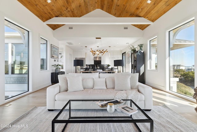 living room with wood ceiling, a wealth of natural light, and vaulted ceiling