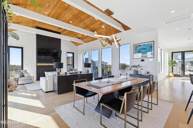 dining area featuring wooden ceiling, an inviting chandelier, a healthy amount of sunlight, and light wood-type flooring