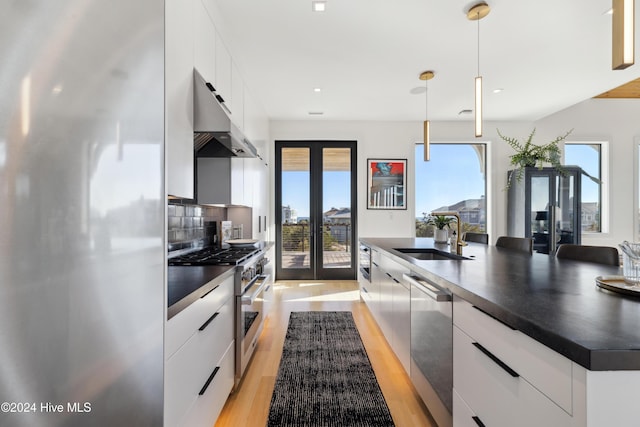 kitchen with white cabinetry, french doors, sink, range hood, and appliances with stainless steel finishes