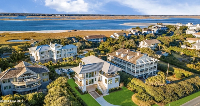 drone / aerial view featuring a water view