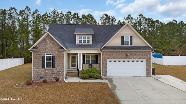 craftsman-style house with a front lawn, a porch, and a garage