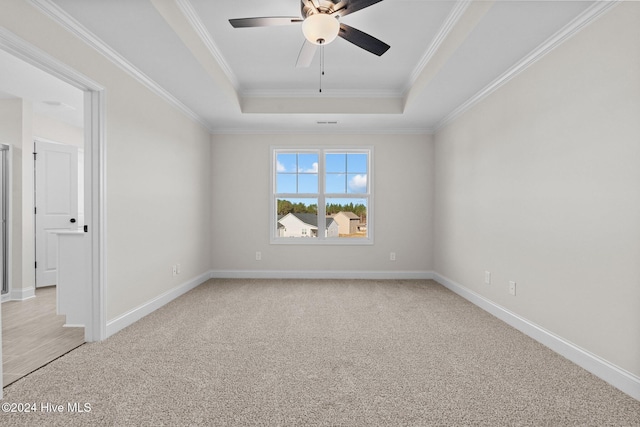 spare room with a raised ceiling, light carpet, crown molding, and baseboards