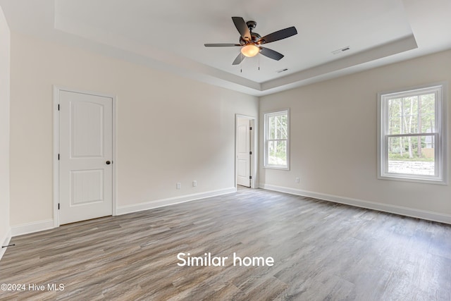 spare room featuring light wood-type flooring, a raised ceiling, a wealth of natural light, and ceiling fan