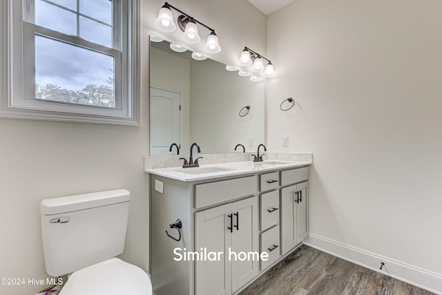 bathroom with hardwood / wood-style floors, vanity, and toilet