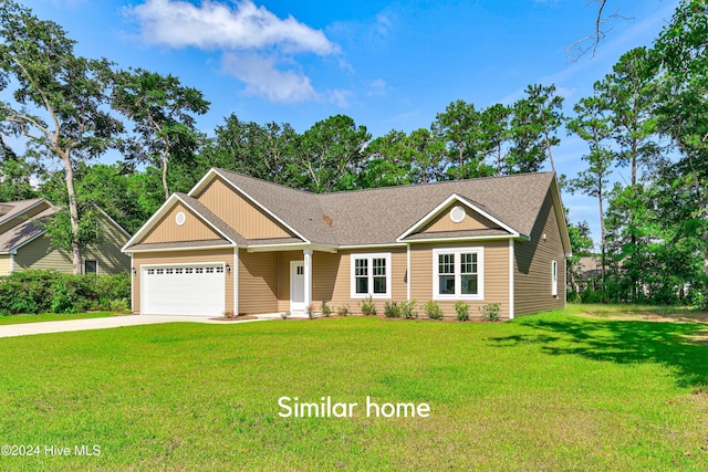 craftsman inspired home featuring a front lawn and a garage