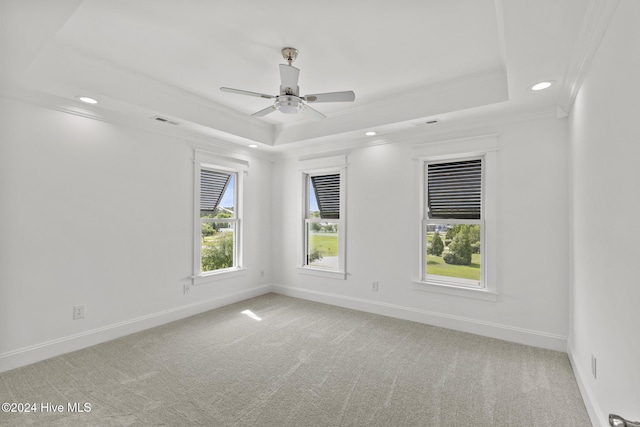 empty room with light carpet, ceiling fan, ornamental molding, and a raised ceiling