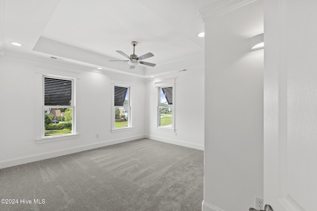 carpeted empty room with a raised ceiling, a healthy amount of sunlight, and ceiling fan