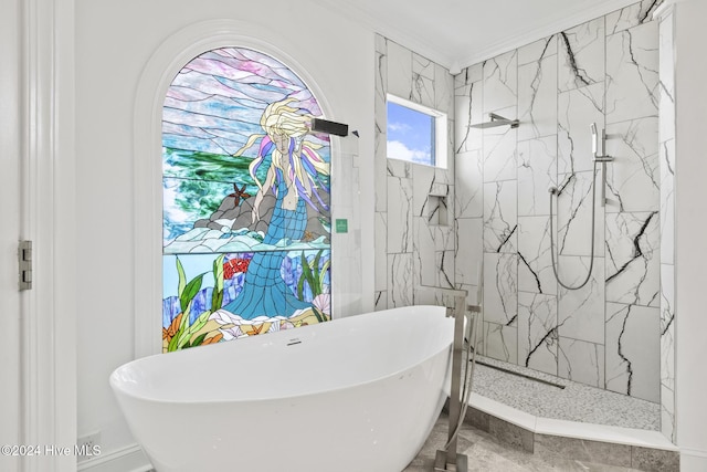 bathroom with independent shower and bath and crown molding