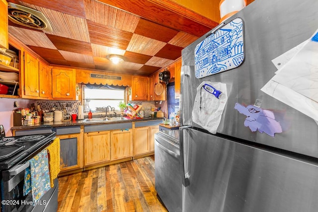 kitchen featuring backsplash, dark hardwood / wood-style floors, sink, and appliances with stainless steel finishes