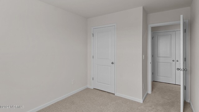 unfurnished bedroom featuring light carpet