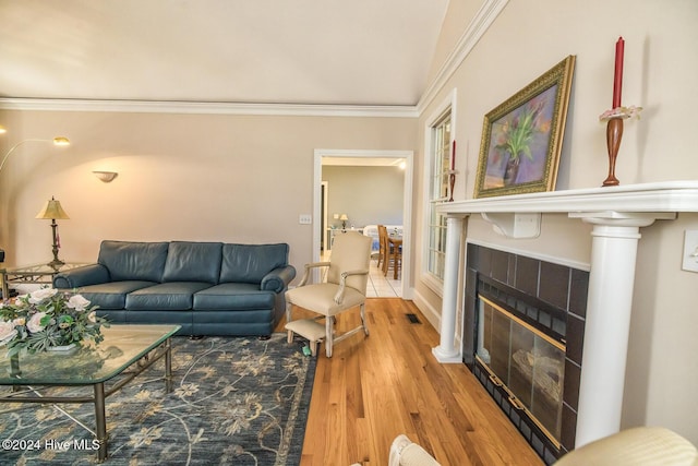 living room featuring crown molding, wood-type flooring, and a fireplace