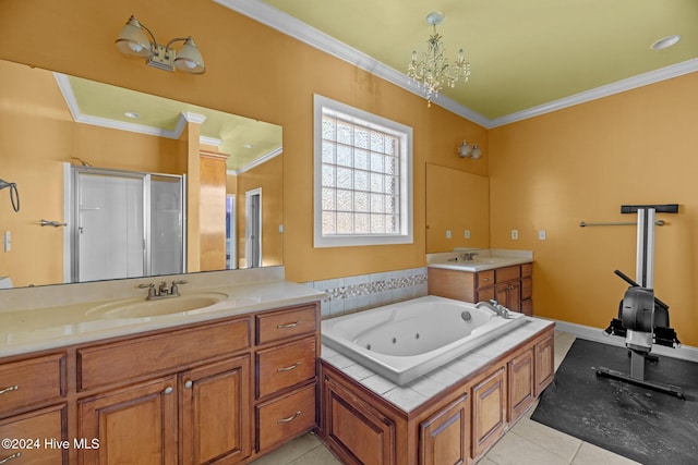 bathroom featuring vanity, an inviting chandelier, tile patterned flooring, separate shower and tub, and ornamental molding