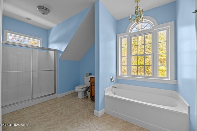 full bathroom with tile patterned flooring, plenty of natural light, toilet, and independent shower and bath