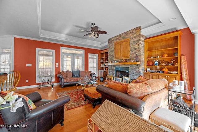 living room featuring a raised ceiling, light hardwood / wood-style flooring, and ornamental molding