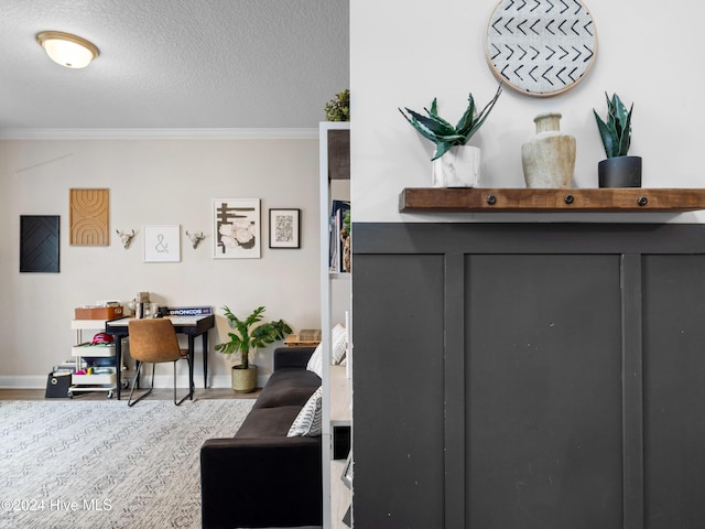 living room featuring a textured ceiling and crown molding