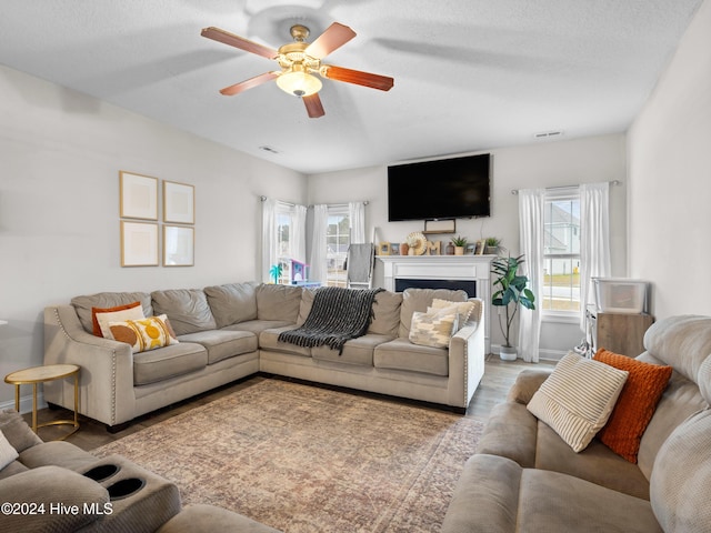 living room featuring ceiling fan, wood-type flooring, and a textured ceiling