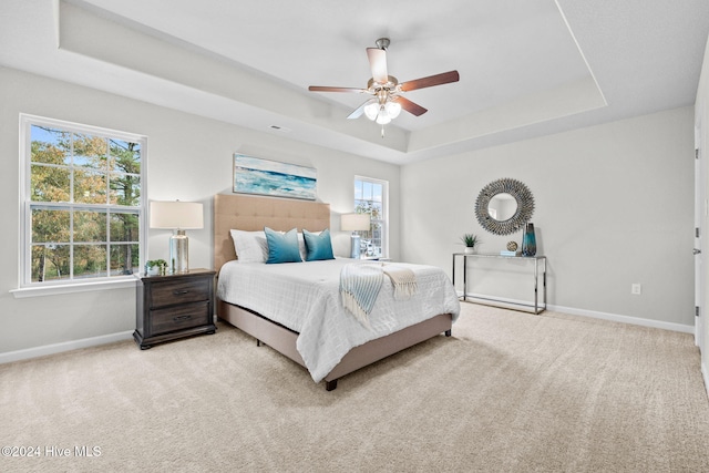 carpeted bedroom featuring a raised ceiling and ceiling fan