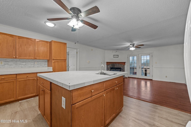 kitchen with tasteful backsplash, an island with sink, sink, and light hardwood / wood-style flooring