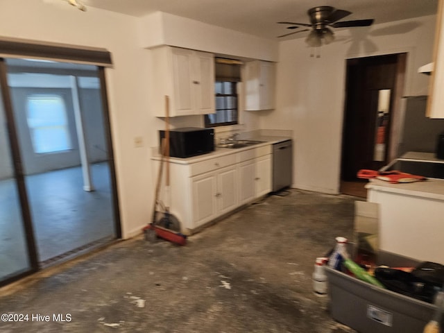 kitchen with ceiling fan, dishwasher, white cabinets, and sink