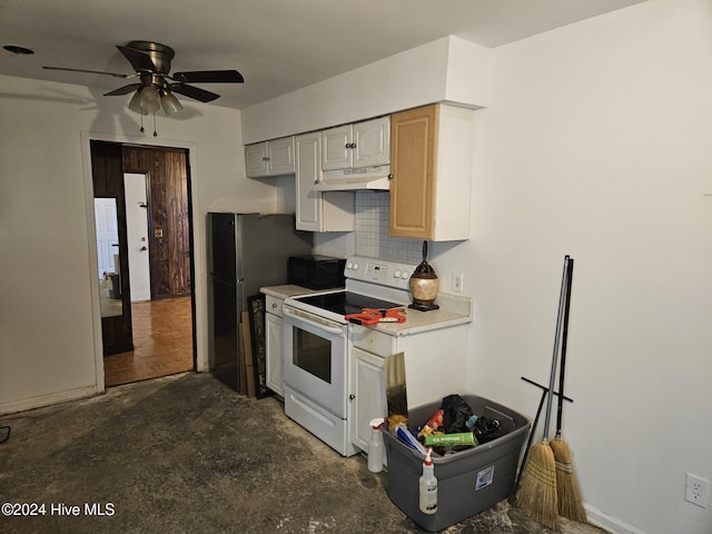 kitchen featuring electric range, ceiling fan, decorative backsplash, and stainless steel refrigerator