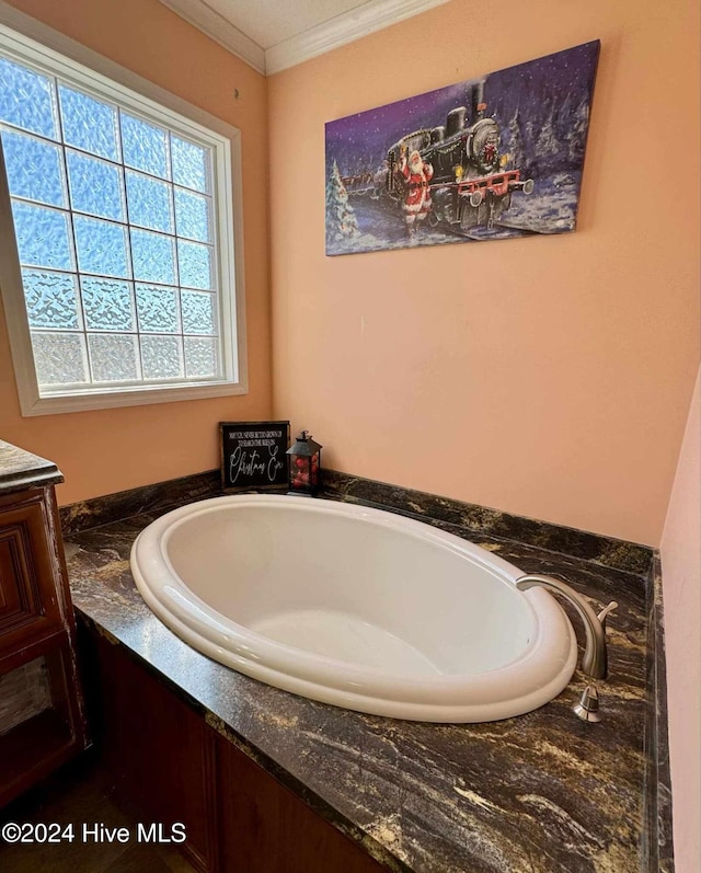 bathroom featuring vanity, a tub, and crown molding