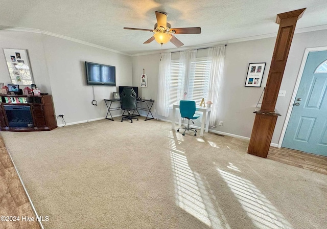 unfurnished office with carpet, ceiling fan, crown molding, and a textured ceiling