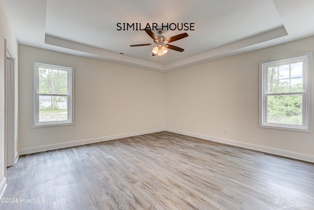 spare room featuring a tray ceiling, a wealth of natural light, and light hardwood / wood-style floors