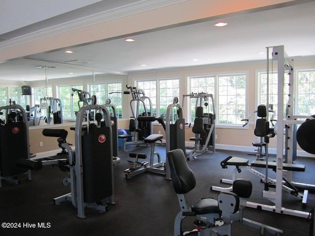 exercise room with a wealth of natural light and ornamental molding