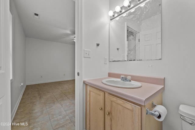 bathroom with tile patterned floors, ceiling fan, vanity, and toilet