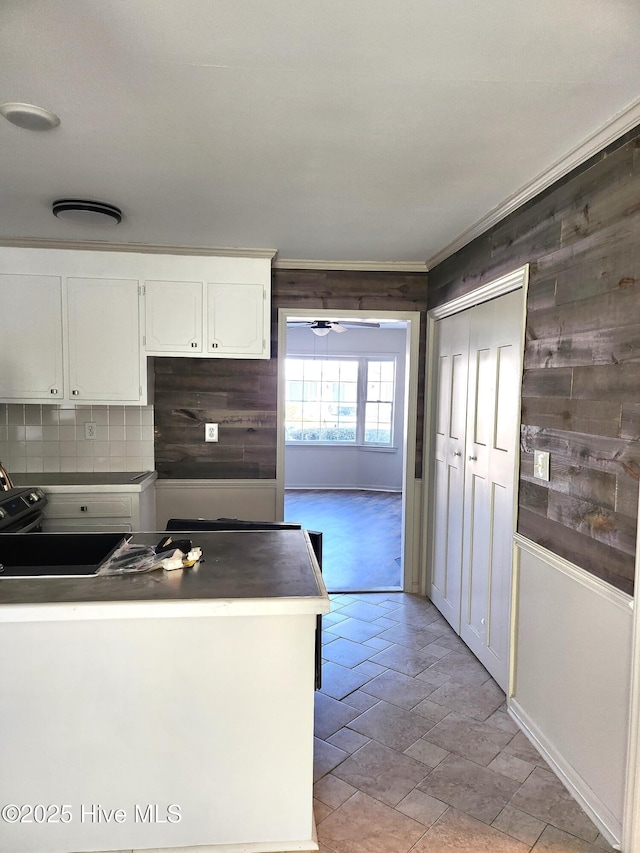 kitchen featuring white cabinetry, ceiling fan, sink, crown molding, and decorative backsplash