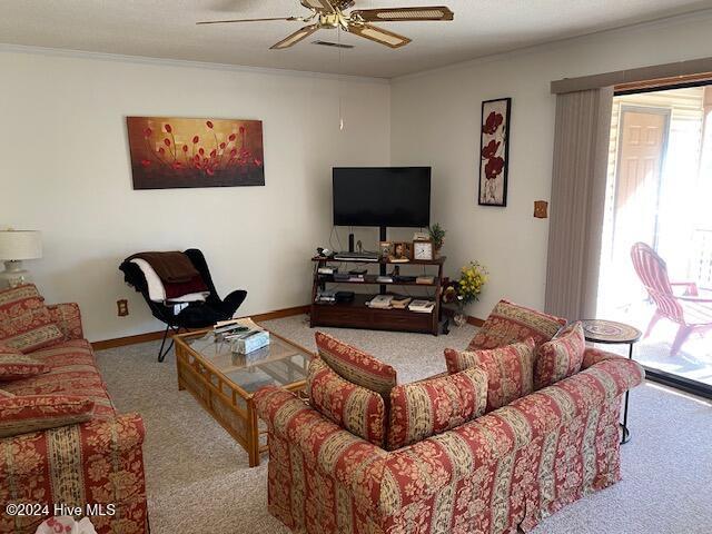 carpeted living room with ceiling fan and ornamental molding