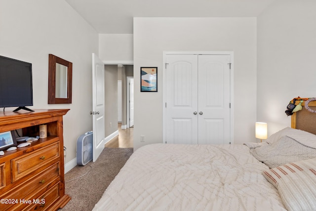 carpeted bedroom with a closet