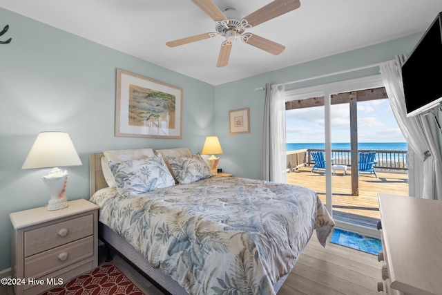 bedroom with access to outside, ceiling fan, and light hardwood / wood-style flooring