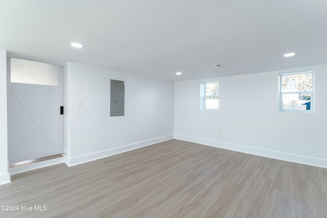 empty room featuring light hardwood / wood-style floors and electric panel