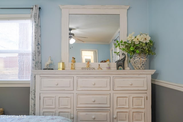 bathroom with ceiling fan, a wealth of natural light, vanity, and ornamental molding