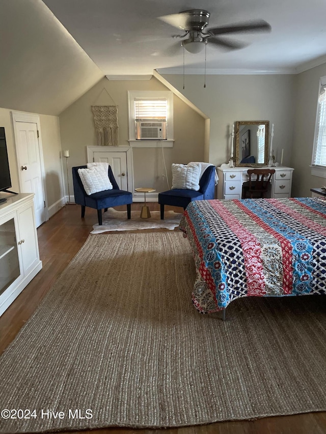 bedroom featuring lofted ceiling, ceiling fan, cooling unit, and dark hardwood / wood-style floors