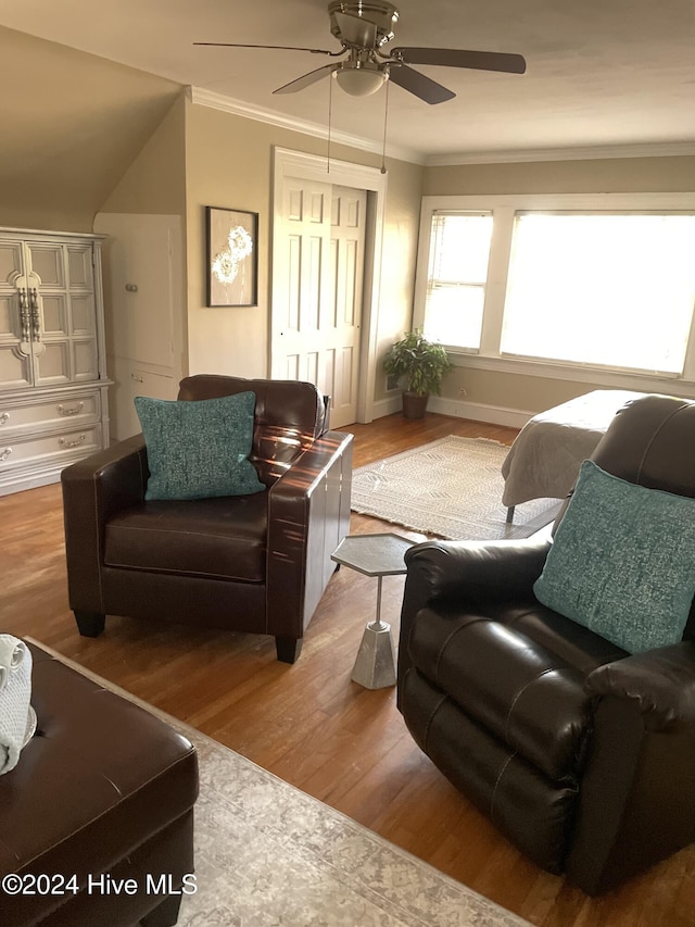 living room featuring hardwood / wood-style floors, ceiling fan, and crown molding