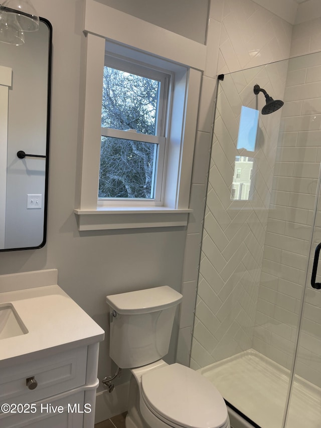 bathroom with vanity, toilet, and walk in shower