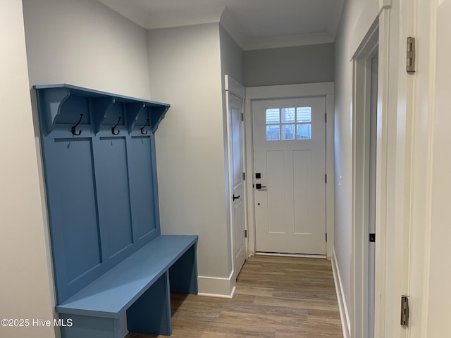 mudroom with crown molding and hardwood / wood-style floors